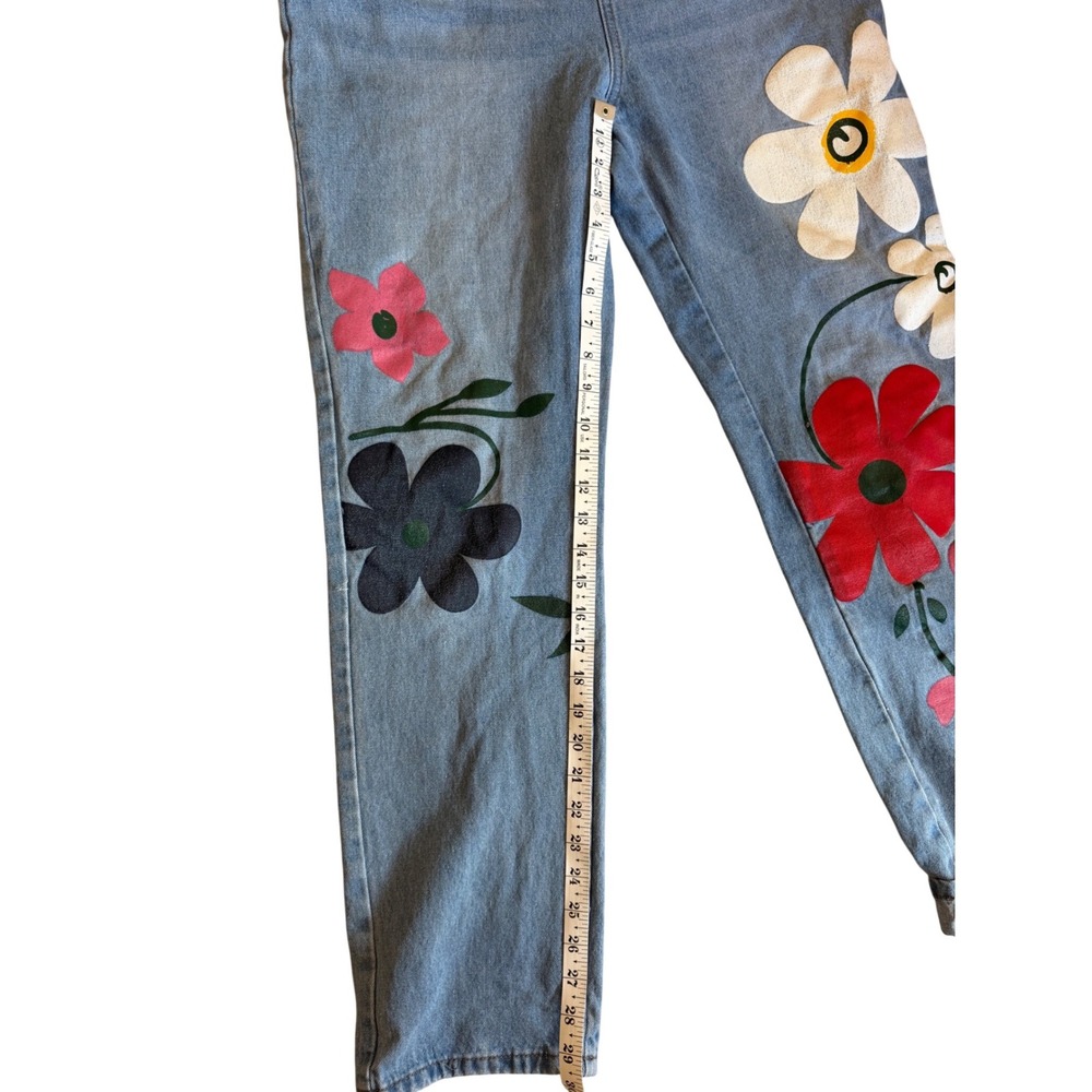 Floral Painted Denim Overalls Light Wash Boho Bib Jumpsuit Womens XL - Picture 10 of 10